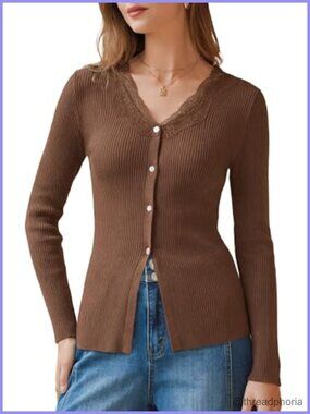 100% Cotton Lace Trim V-Neck Button Slim Fitted Cardigan Sweater
